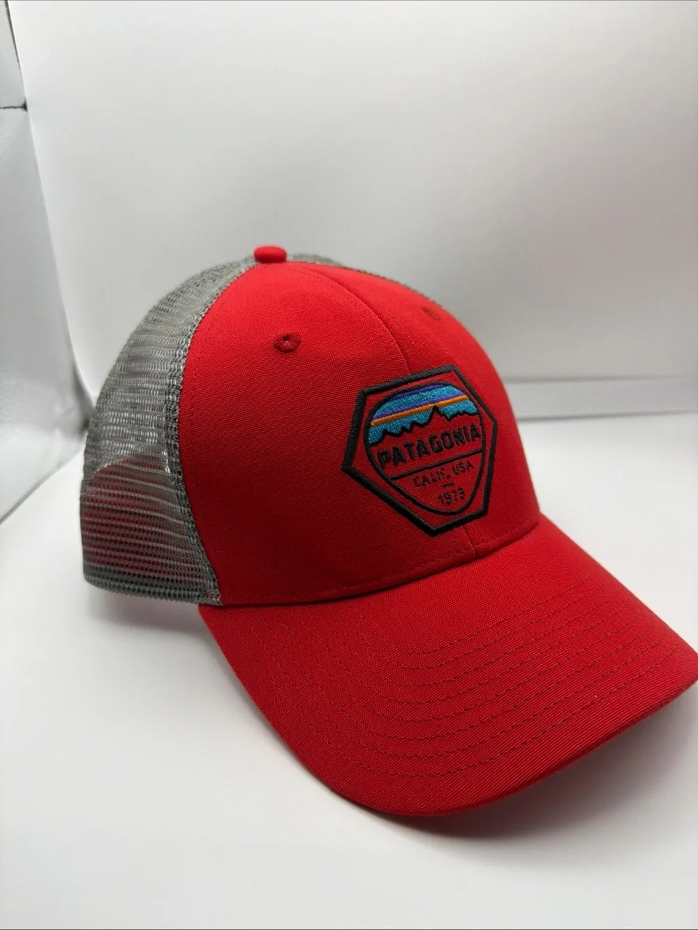 Patagonia Red Front with Gray Mesh Patch Trucker Hat